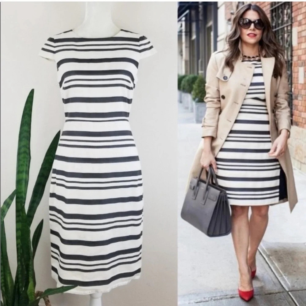 J Crew Double Striped Cap Sleeve Sheath MIDI Pencil Dress 0‎